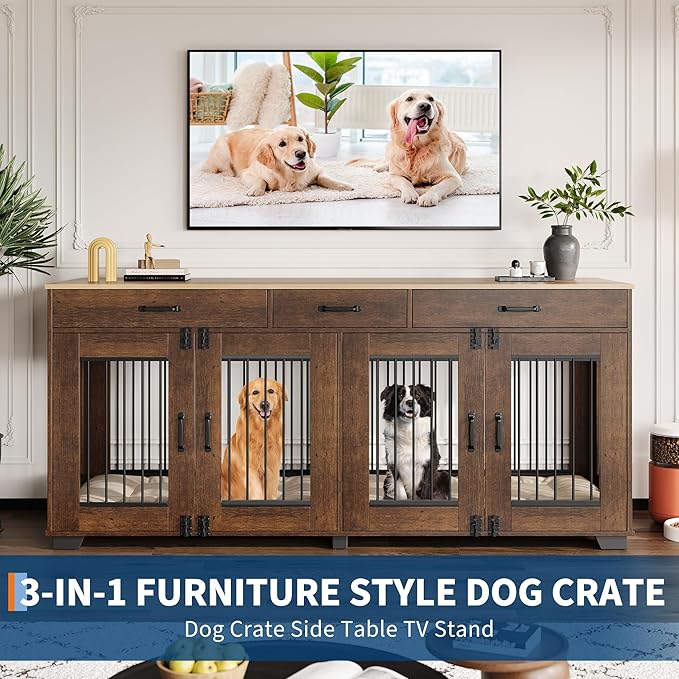 71 Inch Dog Crate Furniture for 2 Rooms, Wooden Double Crate Large Breed with Door, Dog Kennel Indoor, TV Stand End Table with Divider for Large Medium Dogs,Brown-PawvioPets