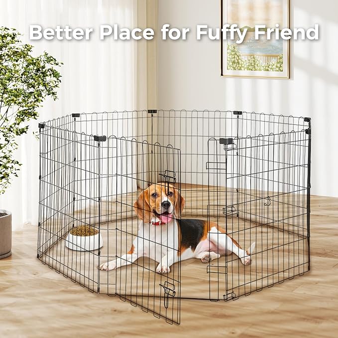 Foldable Dog Playpen 30" Height 8 Panels Metal Exercise Pen with Door - Indoor/Outdoor Puppy Playpen for Small Dogs, Portable Pet Fence for Yard Garden Camping, Black-PawvioPets