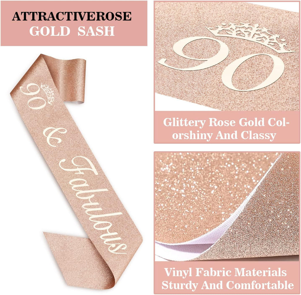 90th Birthday Decorations Women, Including Crown/Tiara, Sash, Cake Topper and Candles, Happy 90th Birthday Decorations for Women