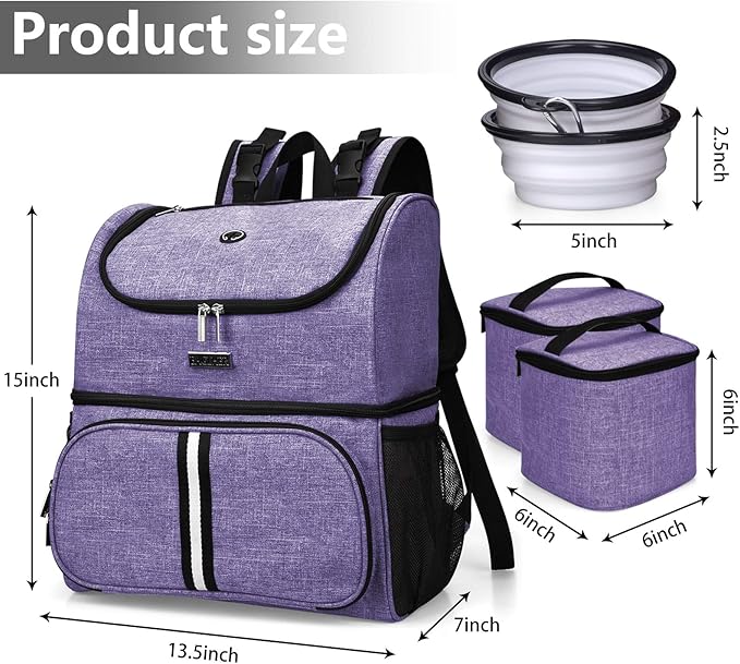 BAGLHER Pet Travel Bag, Double-Layer Pet Supplies Backpack (for All Pet Travel Supplies), Pet Travel Backpack with 2 Silicone Collapsible Bowls and 2 Food Baskets Purple-PawvioPets