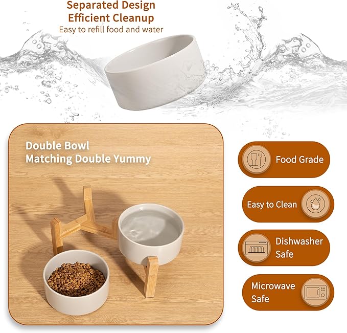 Elevated Ceramic Dog Bowl Set - Raised Dog Bowls with Non-Slip Bamboo Stand - Dog Food and Water Bowl Set - Double Dog Feeding Bowls - Suitable for Small and Medium Dogs - 28.74 OZ - 3.6 CUPS - 850 ML-PawvioPets