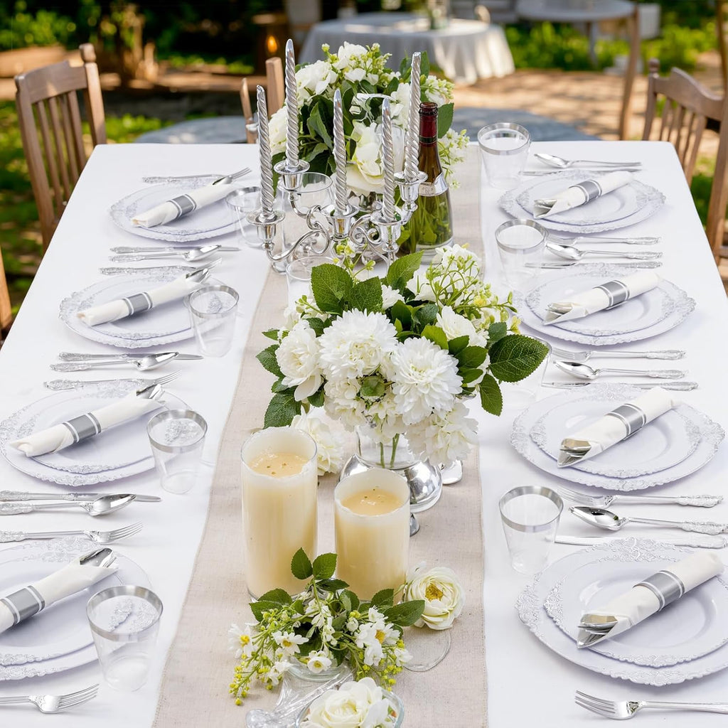 Liacere 350PCS Silver Plastic Plates&Pre Rolled Napkins for 50 Guests - Plastic Dinnerware Sets 100Silver Disposable Plates, 150Silver Silverware, 50Cups and 50Napkins for Wedding