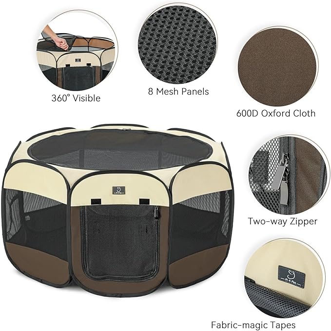 A4Pet Dog Playpen Indoor, 49” Pet Playpen with Bowl for Dogs, Kittens, and Small Animals, Removable Zipper & Mesh Panel(19”W × 12”H)-PawvioPets