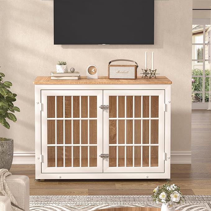 38" Heavy Duty Dog Crate Furniture for Large and Medium Dogs,Wooden Metal Kennel for High Anxiety Dogs, Chew Proof Pet Cage Indoor, Decorative Dog Kennel End Table, White-PawvioPets