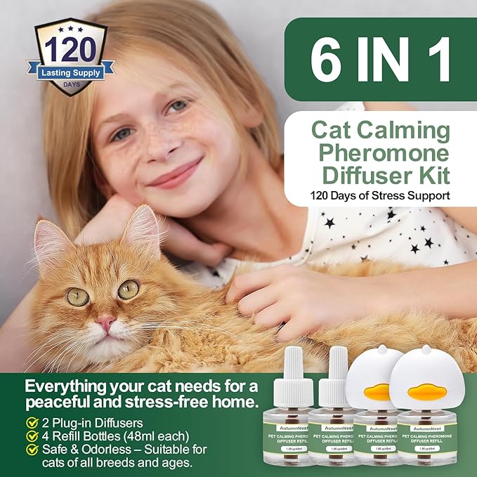 Cat Calming Pheromone Diffuser Set, Pet Calming Plug-in Kit (2 Diffusers + 4 Refills), Reduces Cat Stress, Aggression, Fighting, Marking, Meowing, Travel, Vet Visit Anxiety, 120 Days, Non-Toxic, Safe-PawvioPets