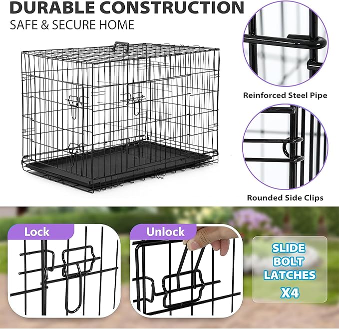 BestPet | Dog Crate | 30" | Black | Foldable Metal Kennel with Double Doors, Secure Slide-Bolt Latches, Leakproof Tray | Portable Dog Cage for Small Breeds | for Travel, Indoor & Outdoor Use-PawvioPets
