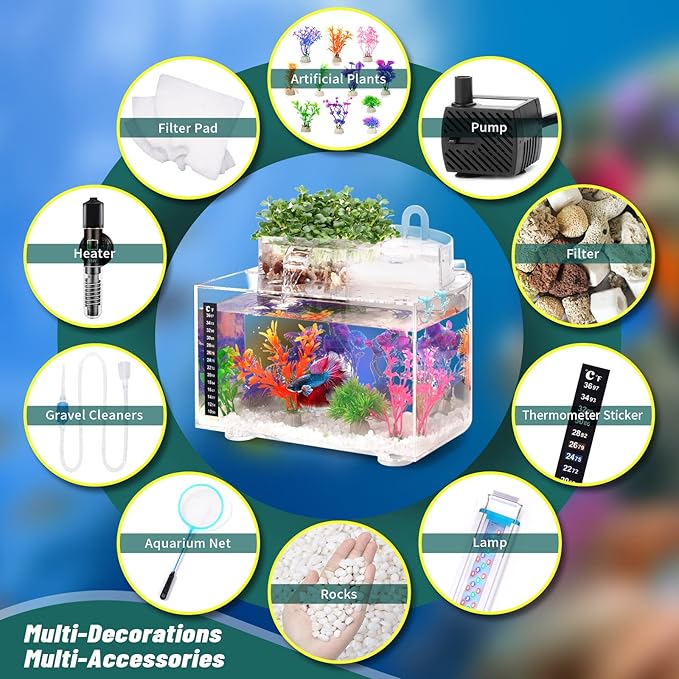 Betta Fish Tank Kit, 2.5 Gallon Aquarium Self-Cleaning with LED Light, Filter, Heater, Decorations and Accessories - Ideal for Hydroponic Growing System and Aquaponics-PawvioPets
