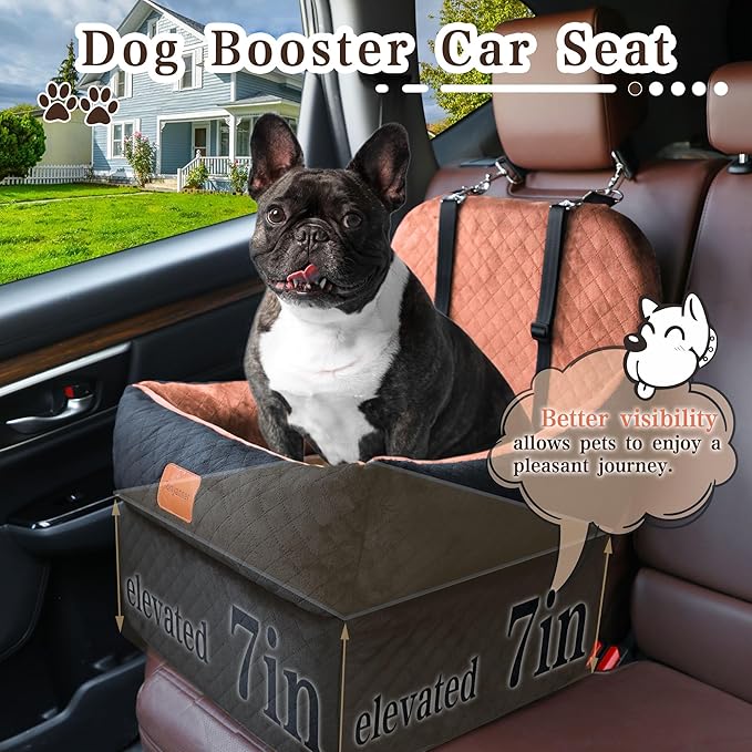 Dog Booster Car Seat for Small/Medium Dogs up to 30 lbs,Interior 7 Inches Elevated Pet Booster Seat,Ultra Soft Fabric and Memory Foam Car Dog Bed,Safety,Comfy,Fully Detachable Washable(H-Black/Brown)-PawvioPets
