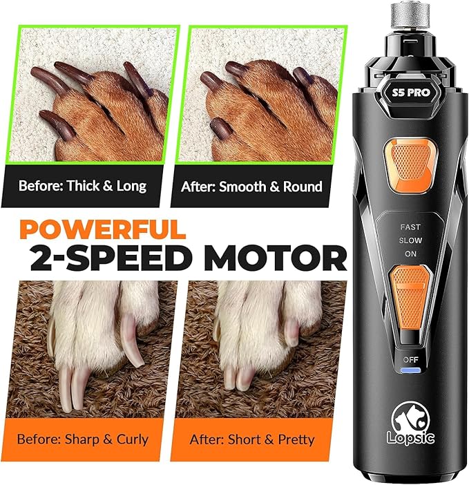 Dog Nail Grinder with 2 LED Lights Powerful 2 Speeds Super Quiet Dog Nail Trimmers with 3 Grinding Wheels Rechargeable Pet Dog Nail Clippers for Large Medium Puppy Dogs Dog Nail File Cat Nail Clipper-PawvioPets