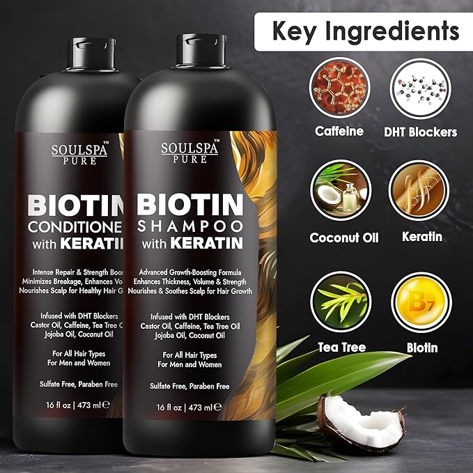 Biotin Shampoo and Conditioner Set with Keratin - Sulfate-Free Advanced Anti-Thinning, Hair Growth Shampoo and Conditioner Combo Repair Formula - with DHT Blockers, for Men & Women - 16 fl oz each-PawvioPets