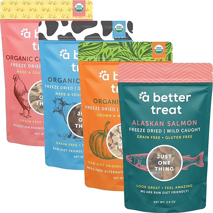 A Better Treat – Freeze Dried Organic Pumpkin, Wild Caught Salmon, Organic Grass Fed & Finished Pasture Raised Beef, Organic Chicken Dog and Cat Treats | Healthy, Diabetic Friendly | Made in The USA-PawvioPets