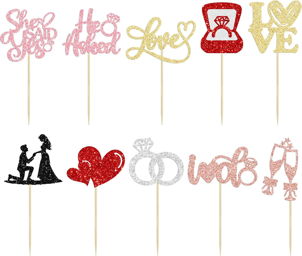 Ephlyn 30Pcs He Asked She Said Yes Cupcake Toppers Glitter Engagement Cupcake Toppers Diamond Ring Heart Love I Do Cupcake Picks for Engagement Wedding Party Cake Decorations Multicolor