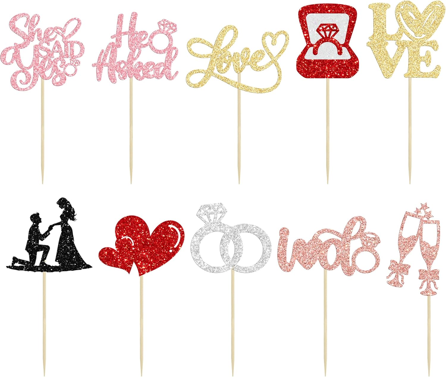 Ephlyn 30Pcs He Asked She Said Yes Cupcake Toppers Glitter Engagement Cupcake Toppers Diamond Ring Heart Love I Do Cupcake Picks for Engagement Wedding Party Cake Decorations Multicolor