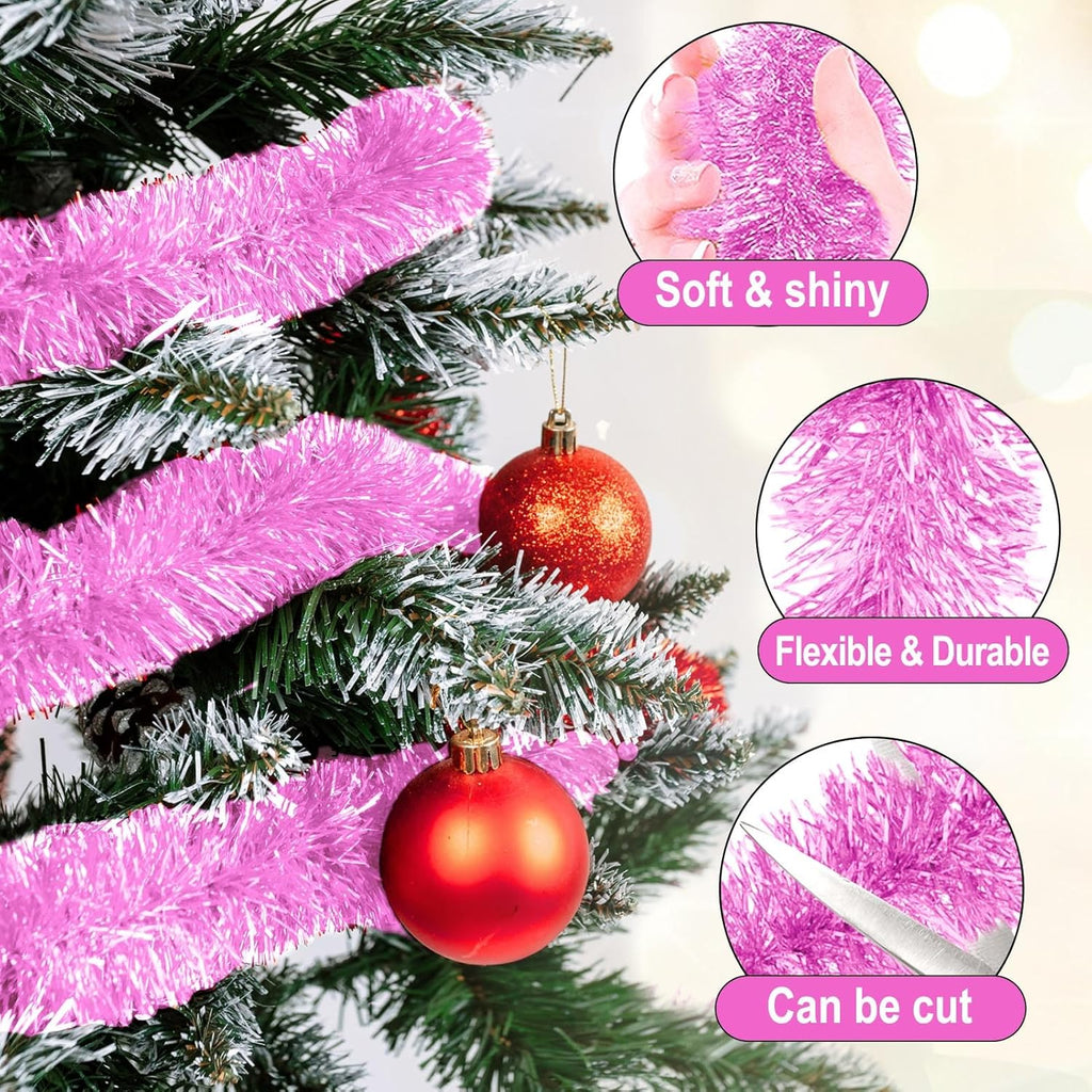 50 Feet Macaron Pink Christmas Tinsel Garland, Metallic Foil Twist Garland Wall Hanging Tinsel Banner Backdrop for Parade Floats, Easter, Mother's Day, Wedding Party Decorations (2in x 50ft)