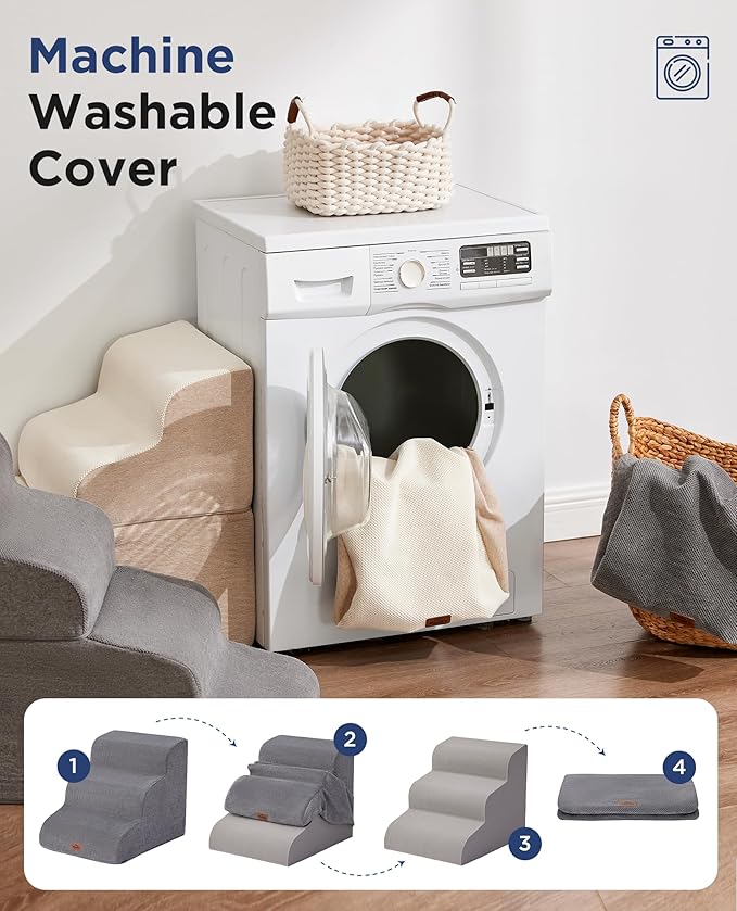 Beige Curved Dog Stairs Ramp for Small Dogs & Cats 17" H, 3-Step Dog Steps for Couch Sofa and Chair, Pet Stairs for Cats, Non-Slip Balanced Pet Steps-PawvioPets