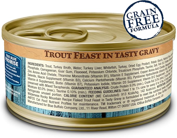 Blue Buffalo Wilderness Rocky Mountain Recipe Natural High Protein Wet Food for Adult Cats, Trout in Tasty Gravy, 5.5-oz cans, Pack of 24-PawvioPets