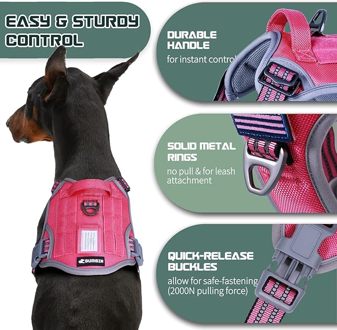 BUMBIN Tactical Dog Harness for Large Dogs No Pull, Famous TIK Tok No Pull Puppy Harness, Fit Smart Reflective Pet Walking Harness for Training, Adjustable Dog Vest Harness with Handle Pink L-PawvioPets