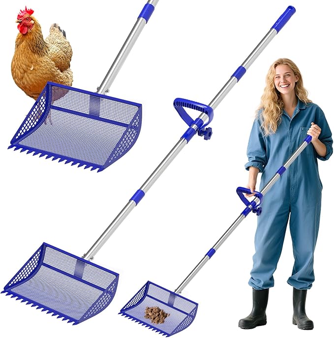 12 Inch Chicken Poop Scooper & Rake 2-in-1, Large Metal Shovel Head, Rubber Handle Stainless Steel Chicken Litter Scoop for Chicken Coops, Litter Screening Scoop (35 to 65in) US Patent Pending (Blue)-PawvioPets