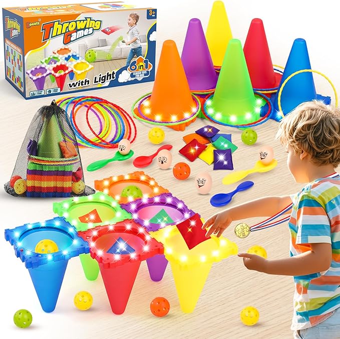 Eocolz 49PCS Carnival Games Outdoor Combo Set for Kids with LED Light, Plastic Cones Obstacle Course Bean Bags Balls Ring Toss Game Egg and Spoon Race Lawn Game, Gift for Birthday Party/Xmas/Easter-PawvioPets