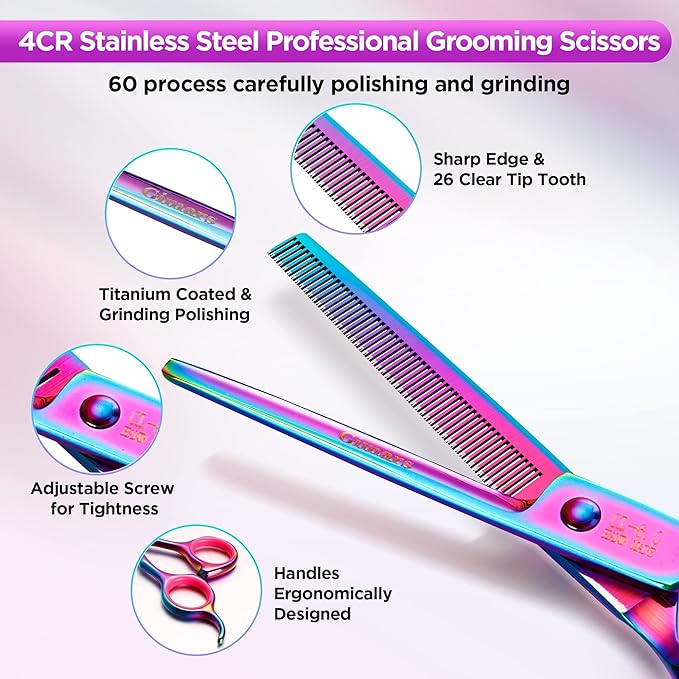 Gimars Professional 4CR Stainless Steel 6 in 1 Grooming Scissors for Dogs with Safety Round Tip, Heavy Duty Titanium Coated Pet Grooming Scissor for Dogs, Cats and Other Animals-PawvioPets
