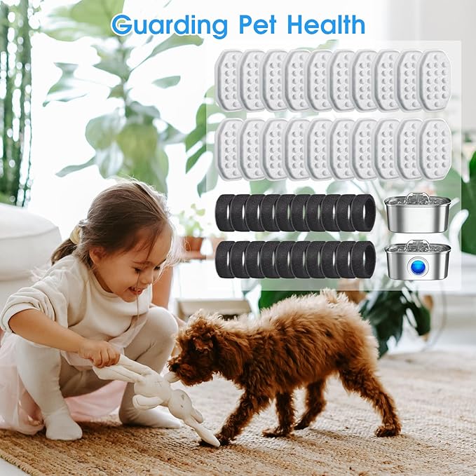 40 Pack Cat Water Fountain Filters-Cat Fountain Replacement Filters for Stainless Steel 3.2L/108oz Adjustable Water Flow Cat Fountain(20 Pack Pet Water Filter Refills+20 Pack Sponges)-PawvioPets