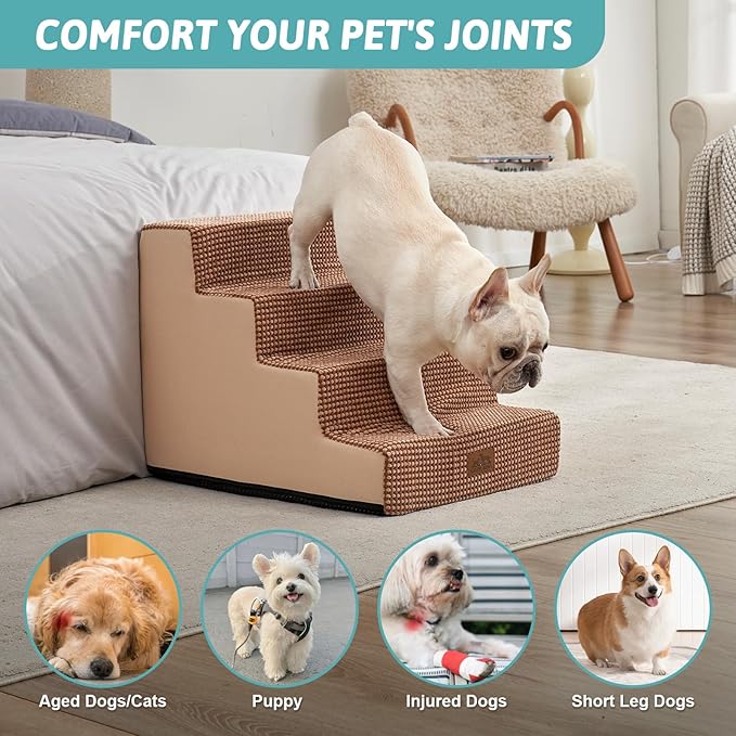Dog Stairs for Small Dogs, 4 Tier Wider Pet Stairs for Couch and Beds, 17.7" H Non-Slip Dog Steps for Old Cats, Puppy, Small Medium Dogs, 17.7x23.6x17.7 inch, Light Brown-PawvioPets