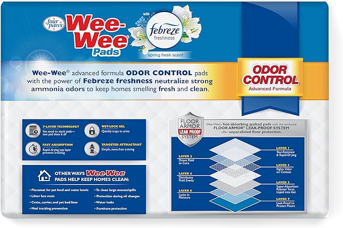 Four Paws Wee-Wee Odor Control with Febreze Freshness Pee Pads for Dogs & Puppies, Leak-Proof Dog Housebreaking Potty Training Floor Protection, Spring Fresh Scent, 22" x 23", 50 Count-PawvioPets