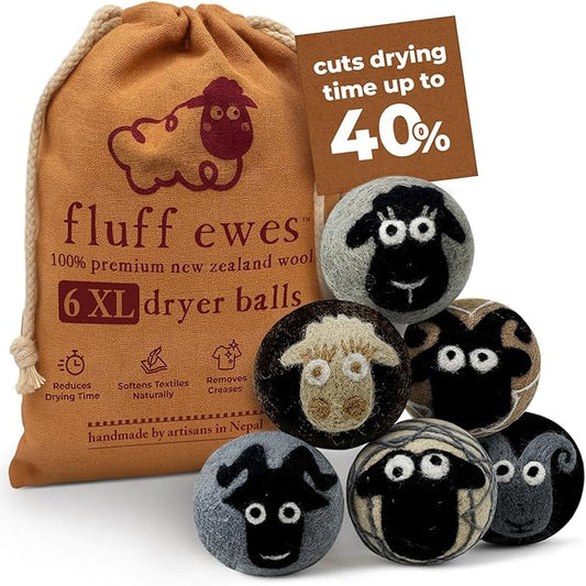 Fluff Ewes Wool Dryer Balls 6 Pack Premium New Zealand Wool Laundry Balls for Dryer, No Static Dryer Balls Laundry Reusable, XL Wool Dryer Balls Cute, Baby Dryer Balls for Dryers - Classic-PawvioPets