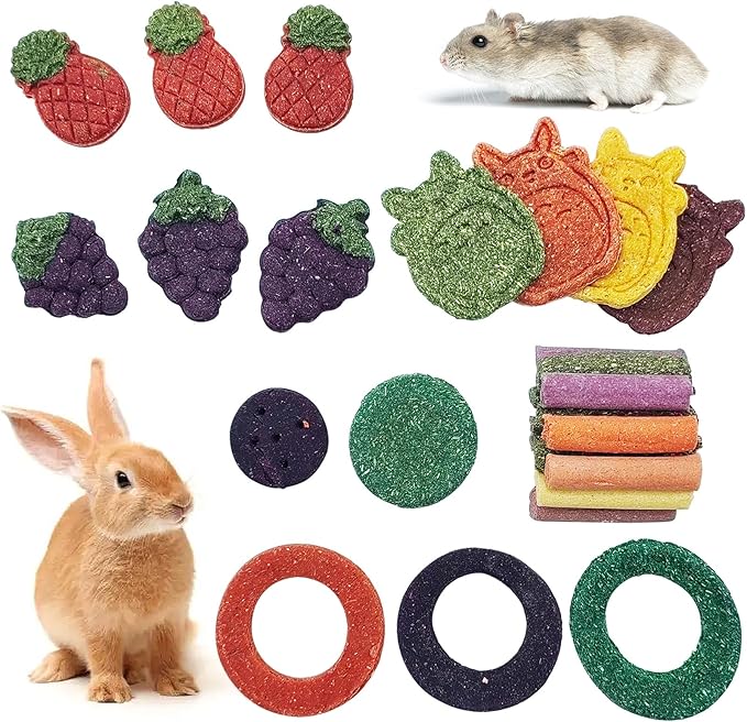 Fhiny 27 PCS Natural Bunny Chew Toys Molar Rabbit Toys Contain Timothy Grass Pumpkin Beets Purple Potatoes Carrot Hamster Treats for Chinchillas Guinea Pigs Mice Gerbils Teeth Grinding-PawvioPets