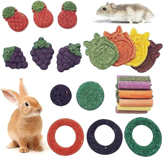 Fhiny 27 PCS Natural Bunny Chew Toys Molar Rabbit Toys Contain Timothy Grass Pumpkin Beets Purple Potatoes Carrot Hamster Treats for Chinchillas Guinea Pigs Mice Gerbils Teeth Grinding-PawvioPets