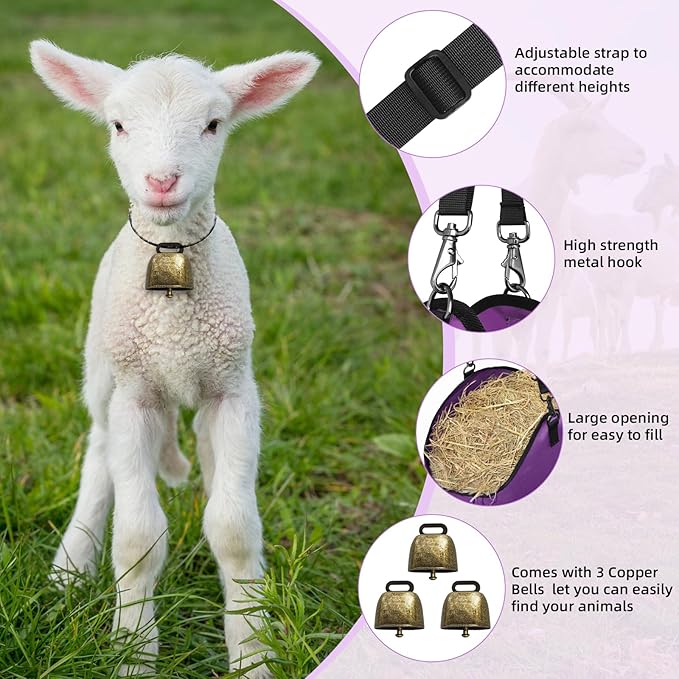 3 PCS Goat Hay Feeder,Hay Bags for Horses,Goats,Donkeys with Reinforced Oxford Fabric and High Strength Metal Clasp,Horse Feeding Supplies with Adjustable Strap for Easy Hanging (2Purple+1Grey)-PawvioPets