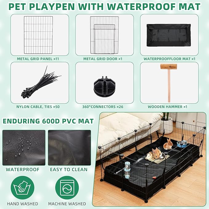 104 Pcs Rabbit Starter Kit Litter Box Bunny Tunnel Pet Playpen with Waterproof Mat Water Bottle Animal Grooming Kit Bowl Blankets with Cleaning Set for Guinea Pig Rabbit Accessories-PawvioPets