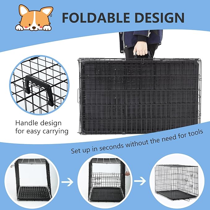 FDW 30 inch Dog Crate Dog Kennel Cage with Double Door Folding Metal Wire Dog Cage with Removable Tray&Divider Panel,Pet Crate for Medium Dogs,Black-PawvioPets