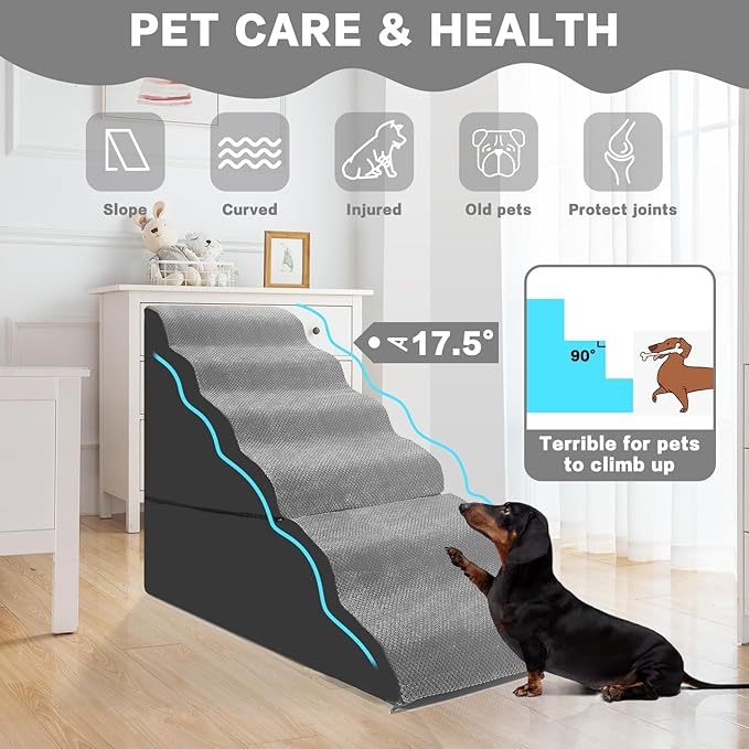 Dog Stairs for High Beds 30-36 inches Tall, 6-Step Dog Steps for Bed 32-36 inches for Small Large Dogs, Dog Ramp for Bed, 30D Foam Pet Stairs/Steps for High Beds for Old Dogs/Cats, Grey-PawvioPets