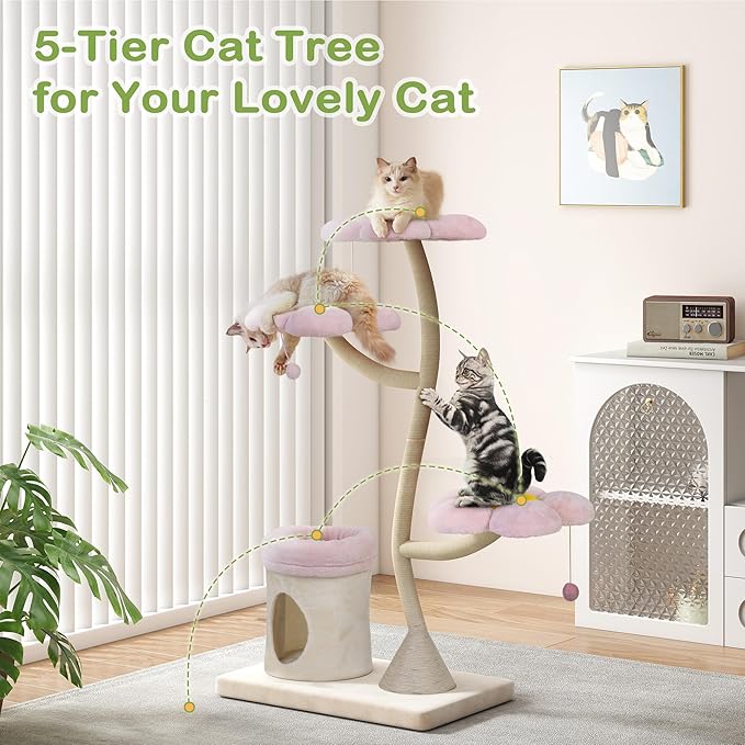 COZIWOW Aesthetic Cat Tree for Large Cats, 57'' Tall Modern Cat Tree Tower Scratching Post with Large Condo, Cat Bed, Side Perch, Luxury Cat Gifts-PawvioPets