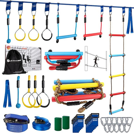 Ninja Warrior Obstacle Course for Kids, 2×56ft Slackline Kit with 8 Ninja Accessories - Monkey Bar, Rope Ladder, Gymnastic Ring, Arm Trainer and Monkey Fist-PawvioPets