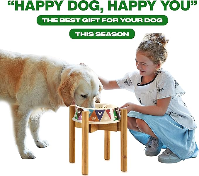 Dog Bowl Stand for Large Breed - 14-inch High, Adjustable Sideways to Fit Various Sizes of Pet Food/Water Bowls, Slow Feeders, and Drink Fountains - Bamboo-PawvioPets