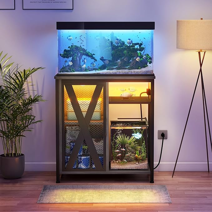 DWVO 20-29 Gallon Aquarium Stand with Power Outlets & LED Light, Cabinet for Fish Tank Accessories Storage - Metal Fish Tank Stand Suitable for Turtle Tank, Reptile Terrarium, 350LBS Capacity, Grey-PawvioPets