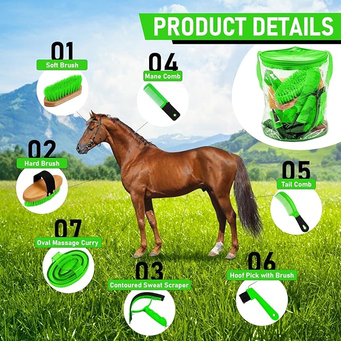 9 Pieces Horse Grooming Kit Tack Room Supplies Set with Organizer Tote Bag, Oval Massage Curry, Hard and Soft Brush, Hoof Pick, Sweat Scraper, Bathing Sponge, Combs for Horse Riders Beginners (Green)-PawvioPets