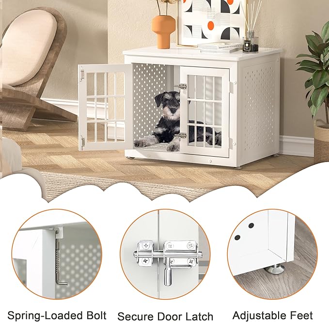 26" Heavy Duty Dog Crate Furniture for Small Dogs, Metal Kennel for High Anxiety Dogs, Chew Proof Pet Cage Indoor, Decorative Dog Kennel End Table, White-PawvioPets