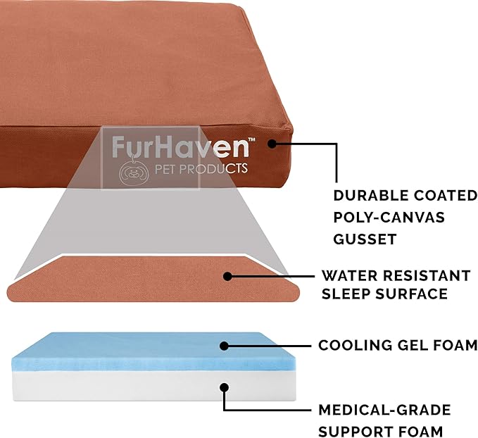 Furhaven Water-Resistant Cooling Gel Dog Bed for Large/Medium Dogs w/ Removable Washable Cover, For Dogs Up to 55 lbs - Indoor/Outdoor Logo Print Oxford Polycanvas Mattress - Chestnut, Large-PawvioPets