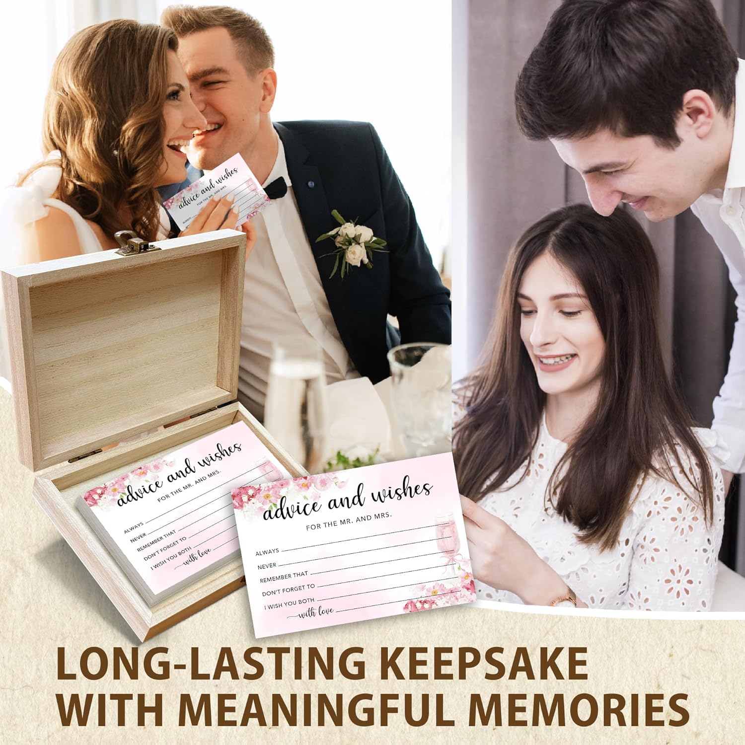 50 Pcs Advice and Wishes for the Mr and Mrs Cards in Box - Bridal Shower Guest Book - Perfect for Newlywed Games, Reception Decor, Engagement Parties & Anniversary Wishes(Champagne) - B02