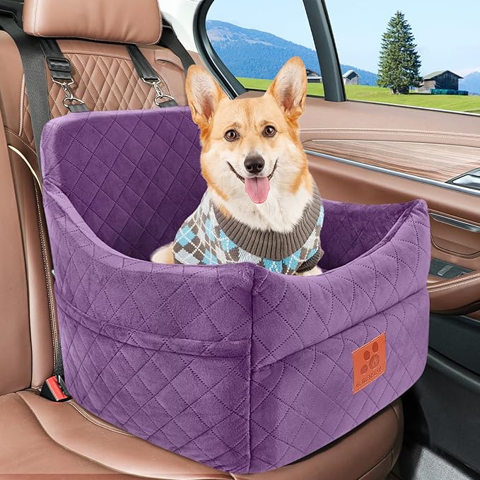 Dog Car Seat for Small/Medium Dogs, Dog Booster Car Seats with Thick Cushion for Dogs Under 35lbs, Detachable Washable Pet Carseat with Storage Pockets, 2 Safety Belts(Purple)-PawvioPets