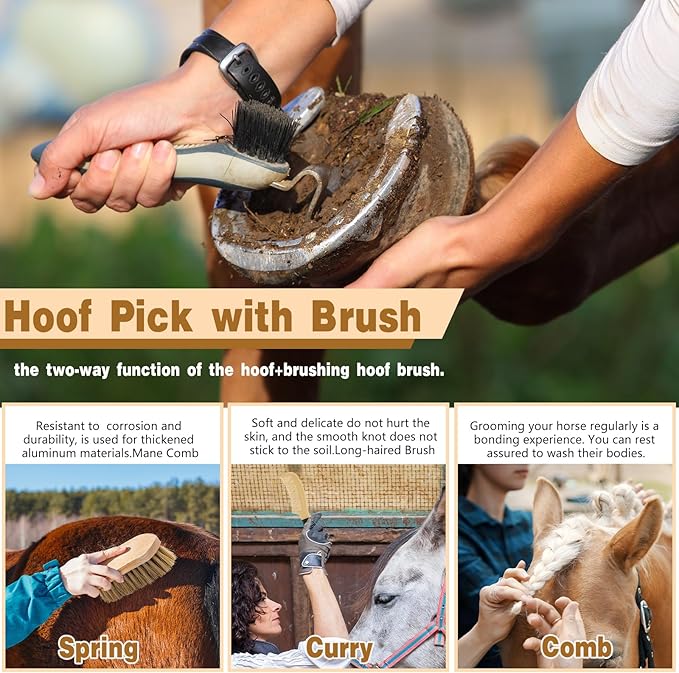 Abbylike 12 Pieces Horse Grooming Kit Racing Festival Tack Room Supplies Horse Brush Sets Equine Care Cleaning Kit Shedding Grooming Massaging Tools(Khaki)-PawvioPets