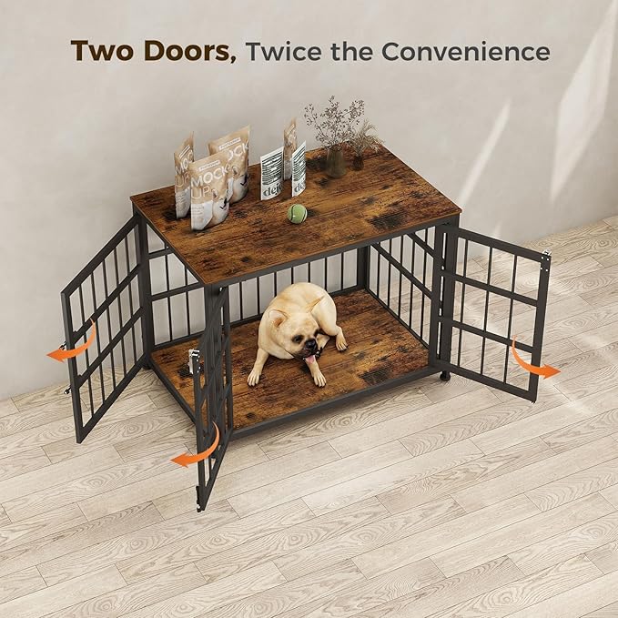 32 Inch Heavy Duty Wooden Dog Kennel End Table with Double Door Design and Secure Locks, Indoor Pet Crate Furniture for Medium Dogs, Decorative Home Cage Design,Aged Black-PawvioPets