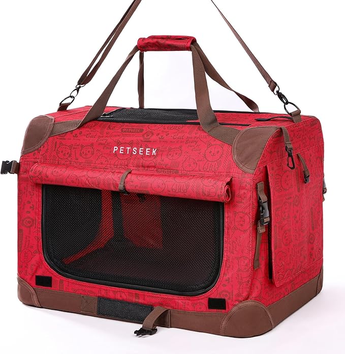 Extra Large Cat Carrier Soft Sided, Portable Small Dog Carrier for 2 Cats, 24"x16.5"x16" Car Travel Folding Comfortable Design, Red-PawvioPets