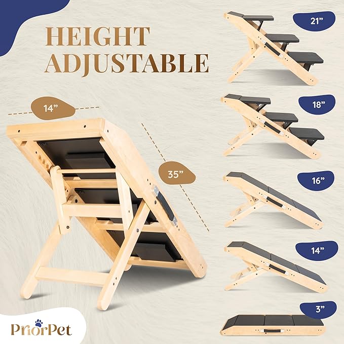 Dog Steps for Bed & Couch 2-in-1 Dog Stairs/Ramp - Height Adjustable Dog Ramp for Couch 7” - 20” - Pet Stairs, Dog Stairs for Small Dogs - Easy to Move Pet Steps with Landing Platform, Natural-PawvioPets