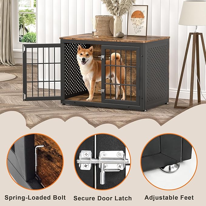 38" Heavy Duty Dog Crate Furniture for Large and Medium Dogs,Wooden Metal Kennel for High Anxiety Dogs, Chew Proof Pet Cage Indoor, Decorative Dog Kennel End Table-PawvioPets