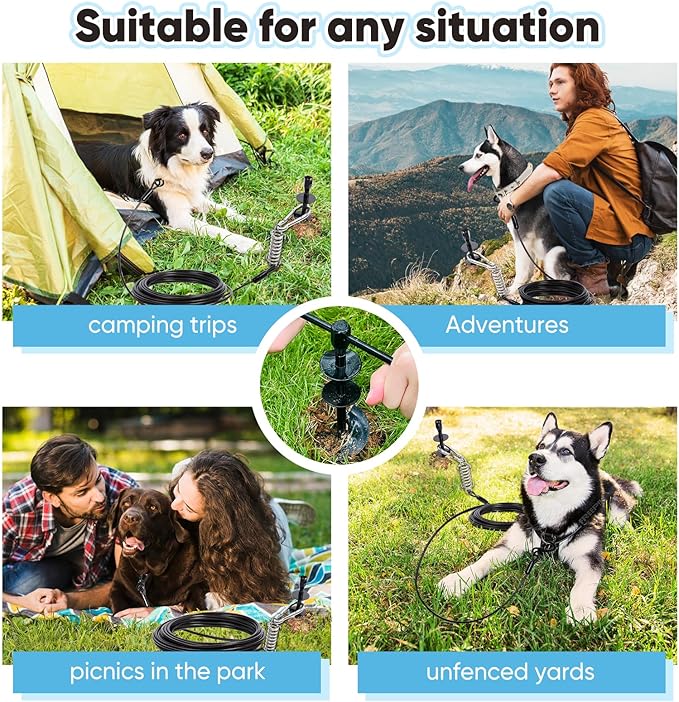 Dog Tie Out Stake for Large Dogs – Heavy Duty In-Ground Dog Anchor up to 210 lbs – Secure Tether Stake for Yard, Camping & Beach – Easy Install with Tool, Works with Tie Out Cable & Leash, Black-PawvioPets