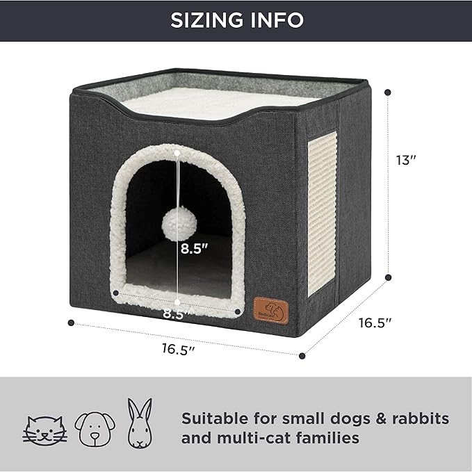 Bedsure Cat Beds for Indoor Cats - Large Cat Cave for Pet Cat House with Fluffy Ball Hanging and Scratch Pad, Foldable Cat Hideaway, 16.5x16.5x13 inches, Dark Grey-PawvioPets
